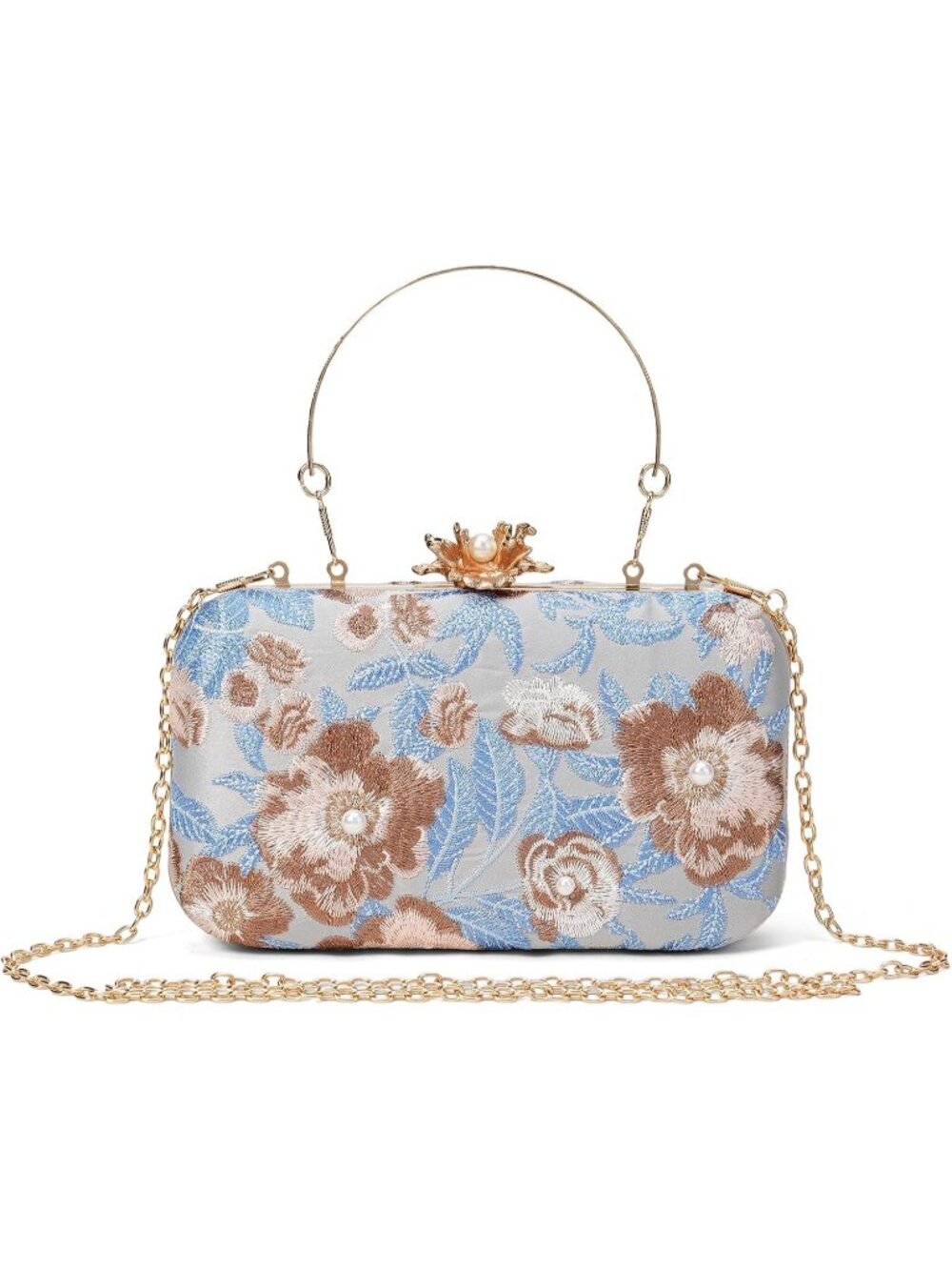 Women's Beige Clutch Purse Elegant Floral Embroidery Sequin Evening Bags